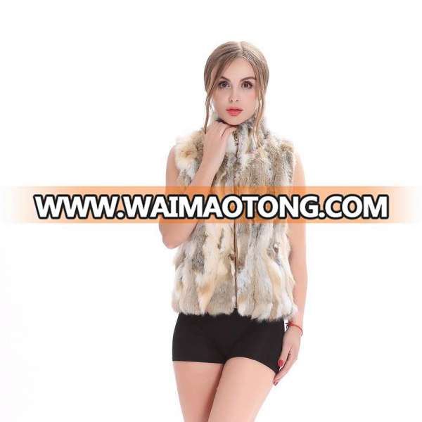 QD88041 Autumn Lady Genuine Natural Fur Rabbit Fur Vest Mandarin Collar Winter Women Fur Gilet