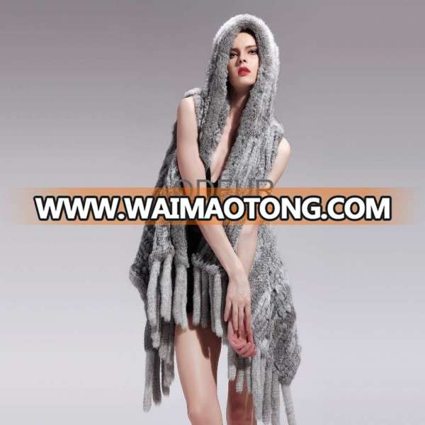 QD27588A Ladies Bolero Rabbit Fur Shawl Factory Direct Sale Poncho Hot Sale Knitted Rabbit Fur Shawls With Hood Fringes 2015